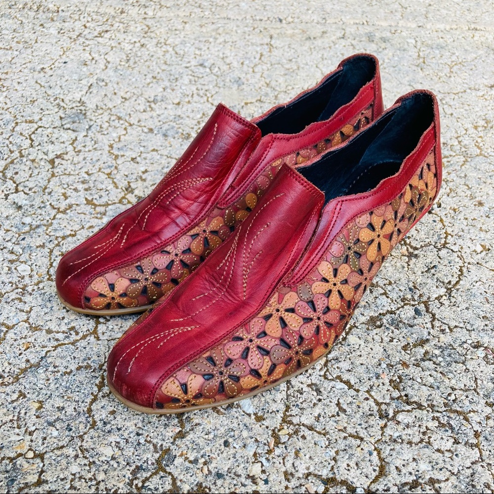 Red Leather Floral Leather 1.5” Wedge Pikolinos Dress Shoe
